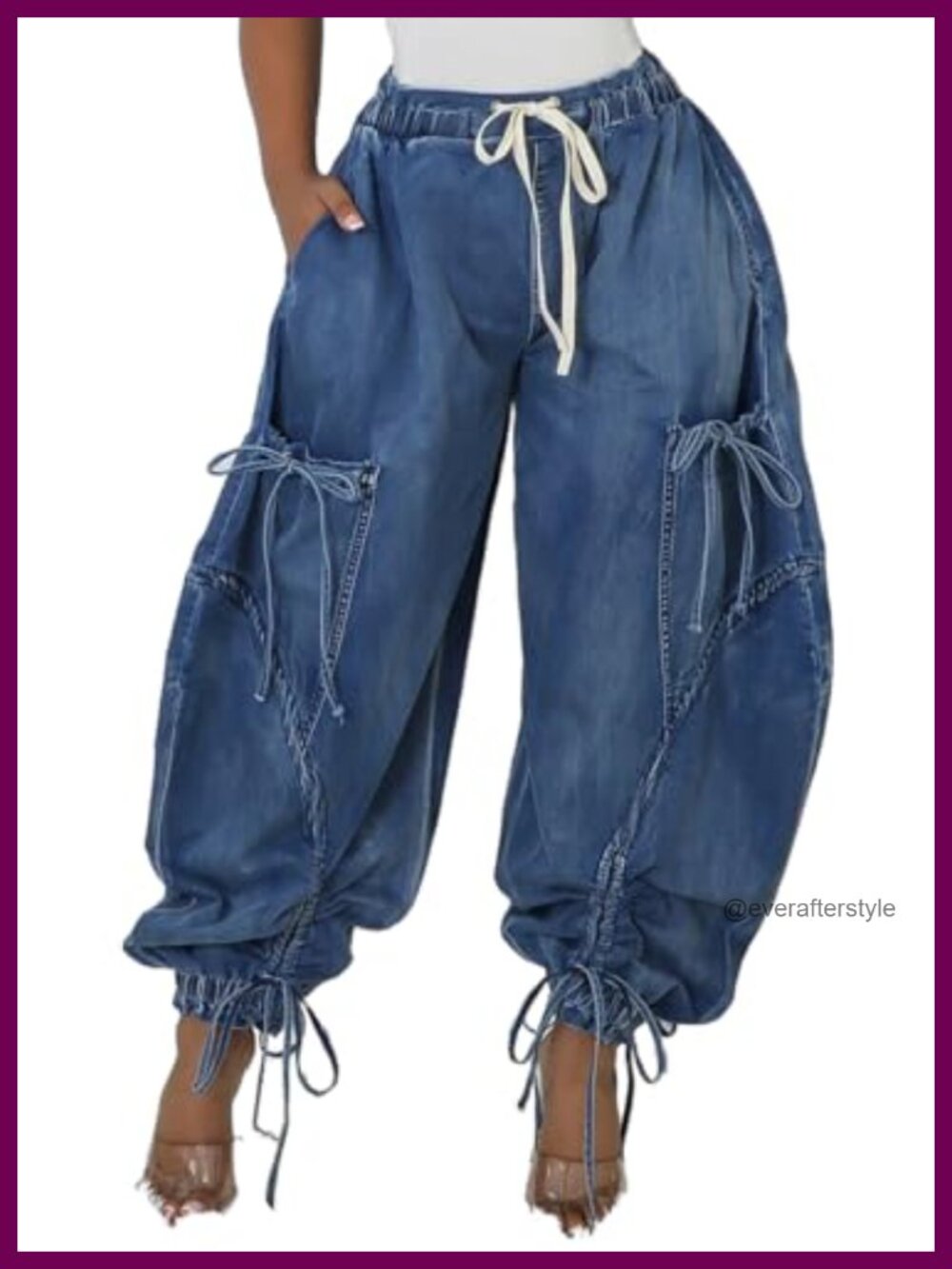 Women Baggy Cargo Jogger Jeans Drawstring Harem Balloon Denim Pants